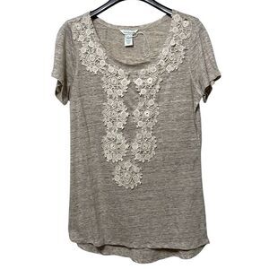 SUNDANCE Linen Tan Oatmeal Crochet Short Sleeve Top M
